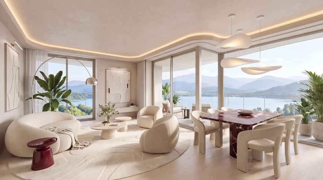 Salon w rezydencji Signature z widokiem na jezioro