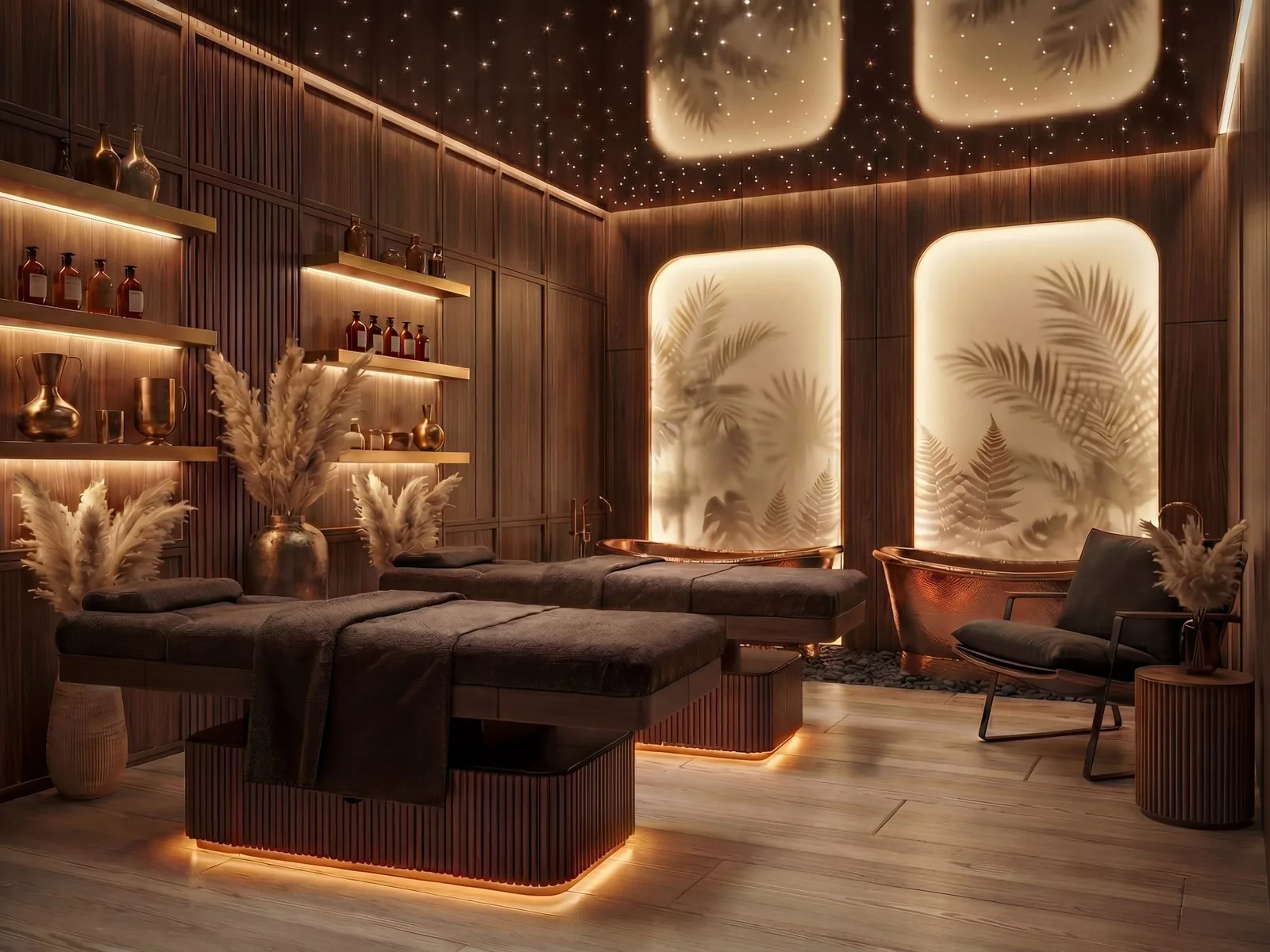 Procedurální místnost Wellness & Spa AURO - dva masážní stoly, měděná vana a hvězdný strop