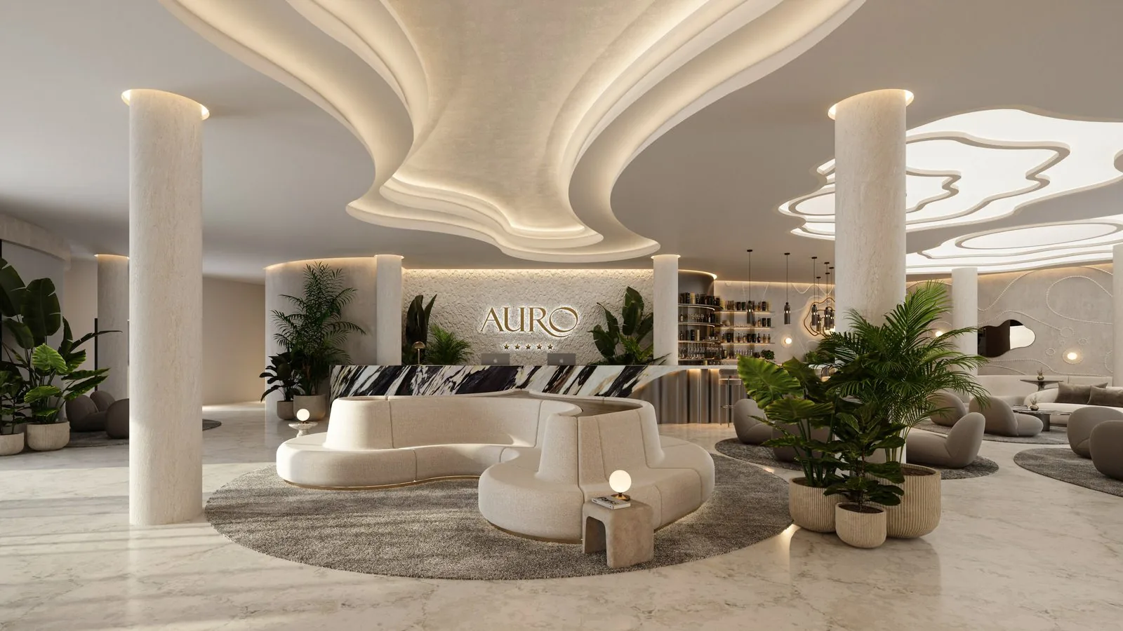 Lobby AURO - recepce s nasvíceným logem AURO a pěti hvězdami, oblé sedačky na světlém mramoru
