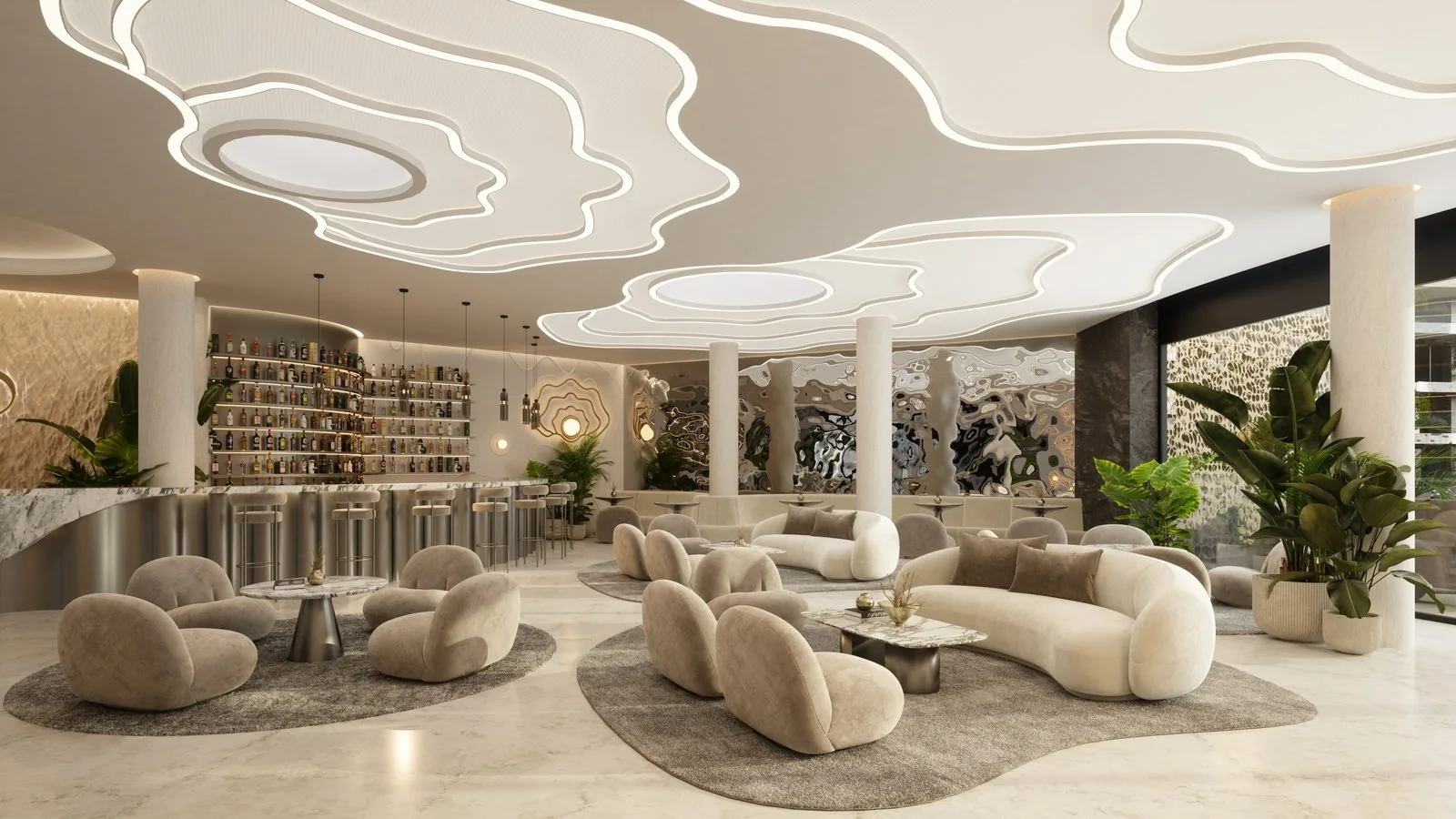 Lobby Bar AURO - dlouhý bar s nasvícenou stěnou lahví a odpočinková zóna s oblými křesly