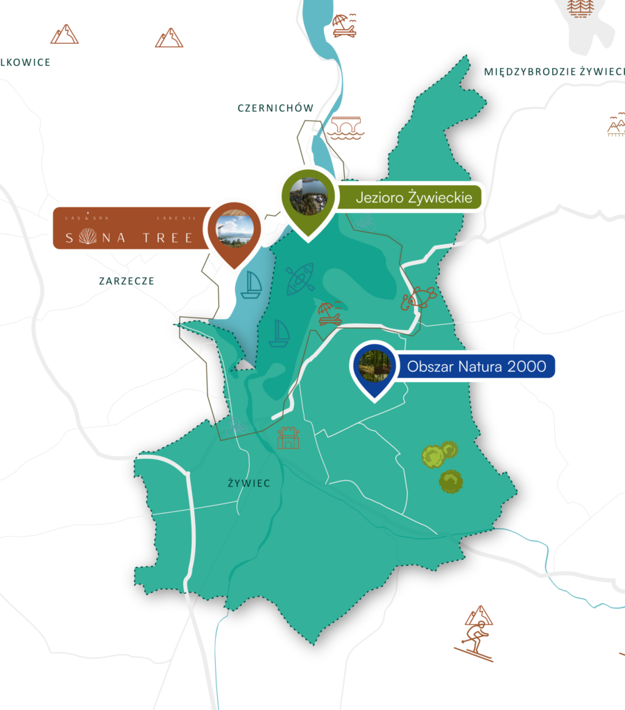 Mapa lokality investice Laguna Beskidów s vyznačeným Žywieckým jezerem a oblastí Natura 2000 v blízkosti