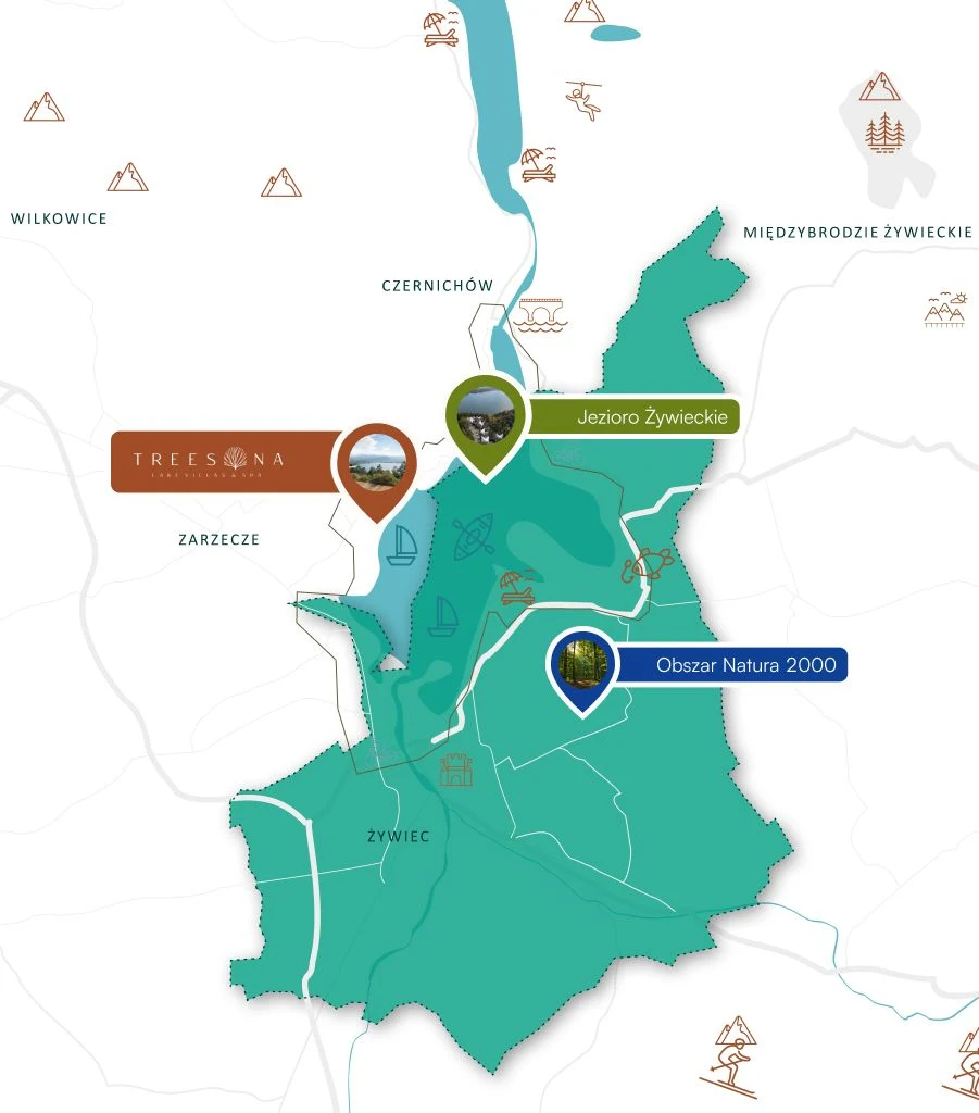 Mapa lokalizacji inwestycji TREESNA Kombi Invest z zaznaczonym Jeziorem Żywieckim i obszarem Natura 2000 w pobliżu