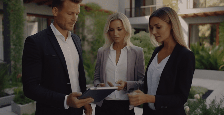 Zespół agentów nieruchomości omawia ofertę apartamentów w nowoczesnym kompleksie mieszkaniowym