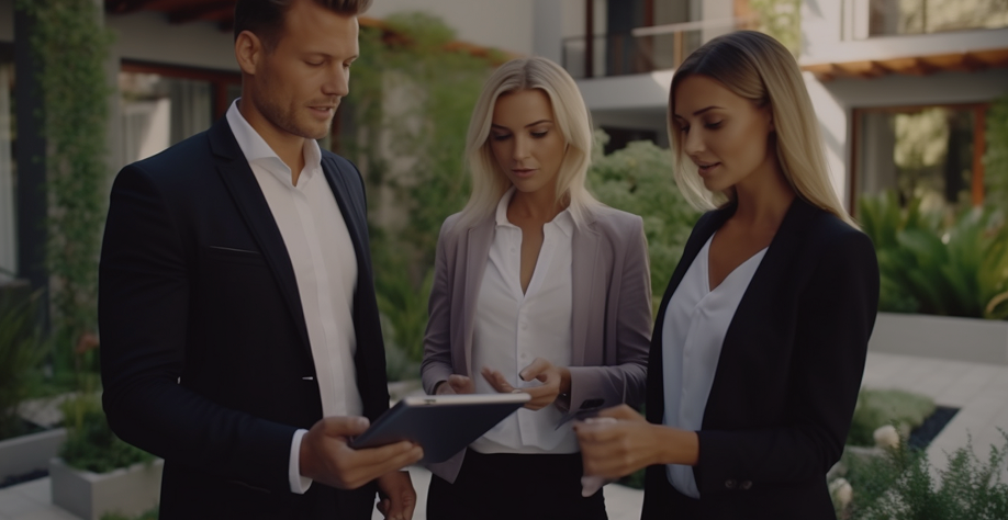 Zespół agentów nieruchomości omawia ofertę apartamentów w nowoczesnym kompleksie mieszkaniowym