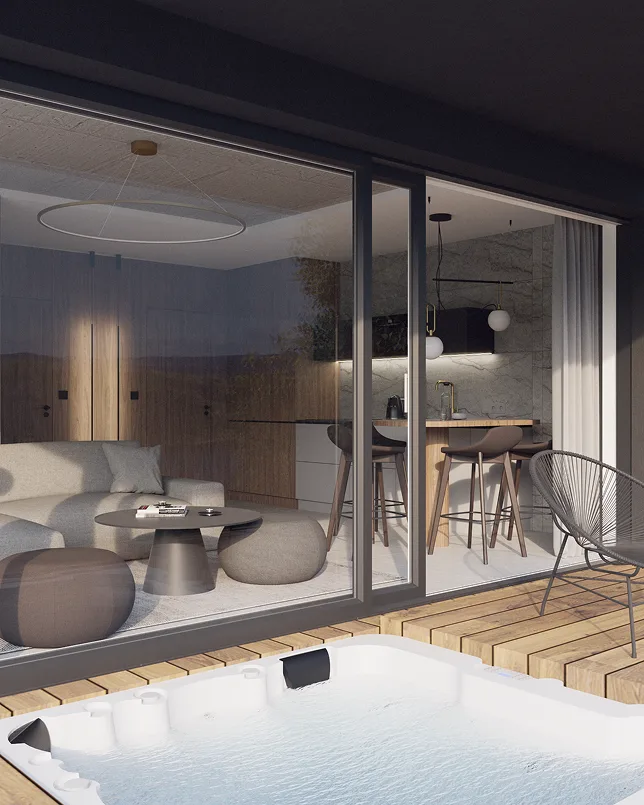 Wnętrze luksusowej willi Treesna z widokiem na taras i prywatne jacuzzi, elegancka strefa relaksu z nowoczesnym designem.
