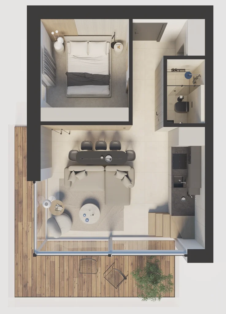 Rzut 3D nowoczesnej willi Treesna – widok z góry na salon z dużymi przeszkleniami, jadalnię, kuchnię, sypialnię i łazienkę. Przestrzeń otwiera się na drewniany taras z miejscem do wypoczynku i widokiem na naturę.