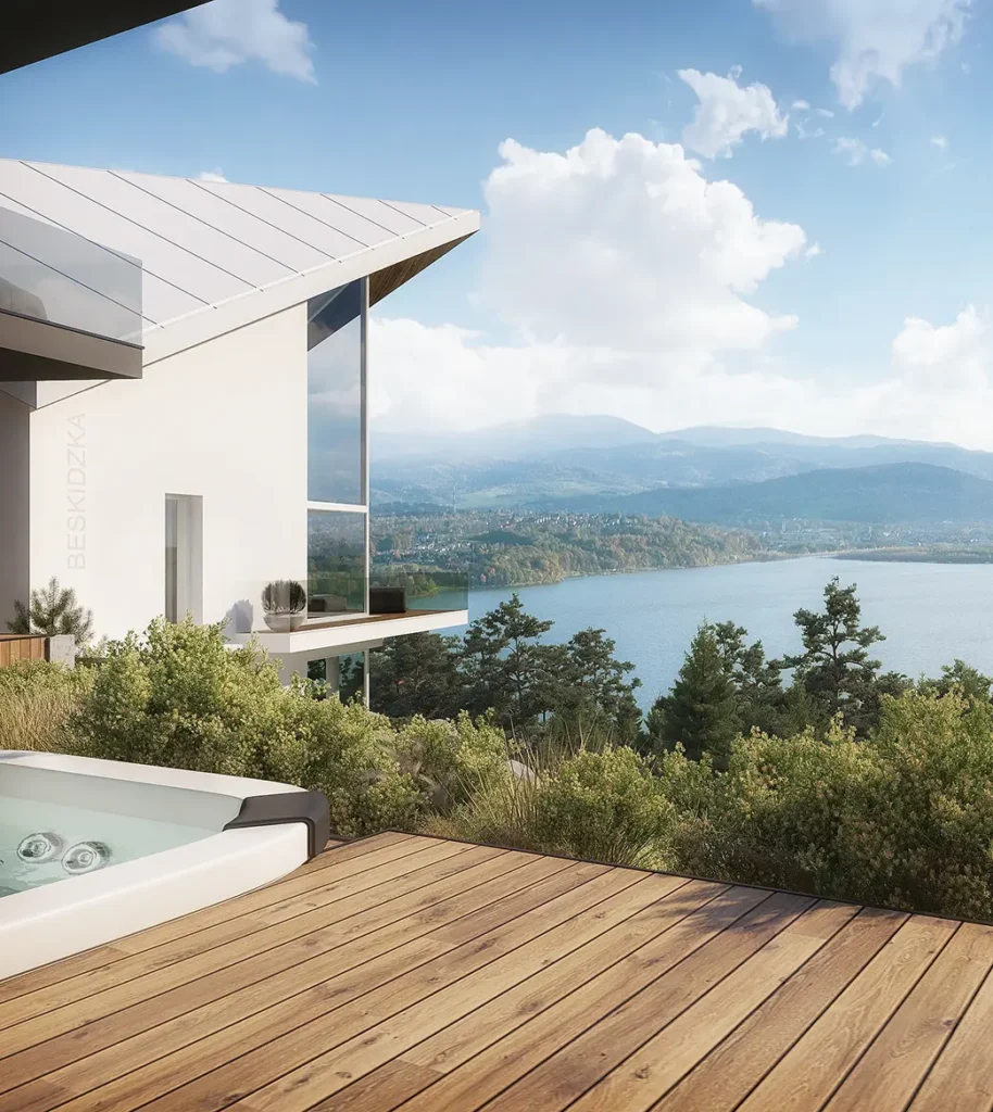 Taras z jacuzzi w inwestycji TREESNA Kombi Invest z widokiem na Jezioro Żywieckie i pasma górskie w tle