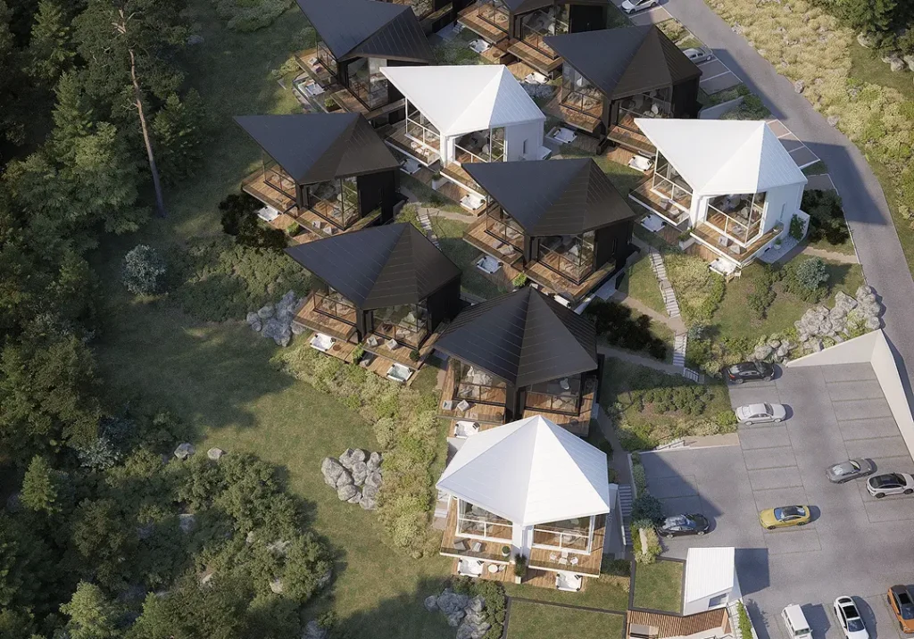 Widok z góry na układ nowoczesnych willi TREESNA Kombi Invest z tarasami i ogrodami, w otoczeniu zieleni i miejsc parkingowych