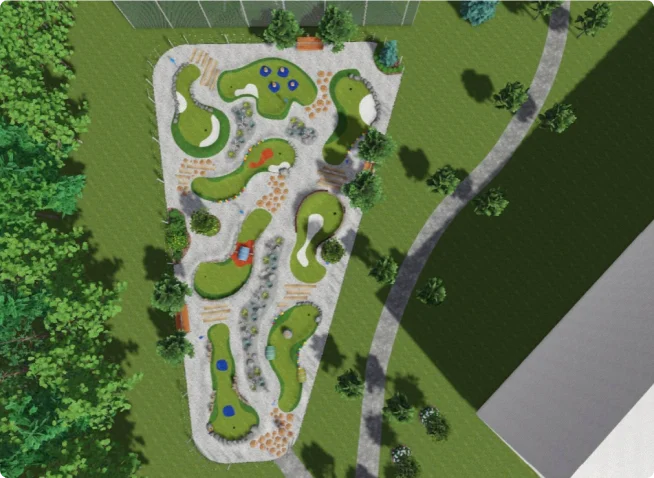 Wizualizacja z lotu ptaka przedstawiająca pole do mini golfa z licznymi torami, przeszkodami, alejkami i roślinnością, otoczone ścieżkami spacerowymi.