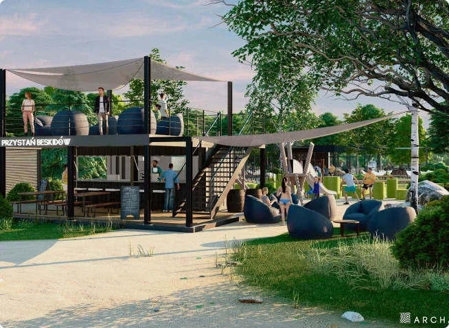 Nowoczesna strefa wypoczynkowa z dwupoziomowym barem, leżankami i namiotami przeciwsłonecznymi, w otoczeniu drzew i plażowego piasku.