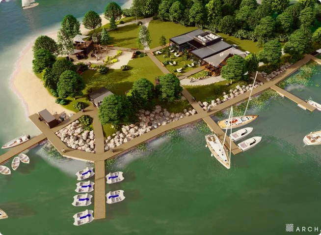 Render przedstawiający nadwodny ośrodek wypoczynkowy z pomostami, plażą, łódkami, zielonym terenem rekreacyjnym i nowoczesnymi budynkami wśród drzew.